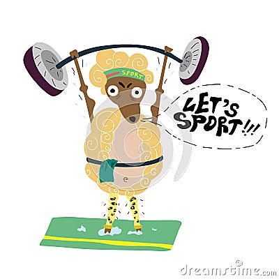 Sheep with an effort raises the bar and calls for sports. Vector Illustration